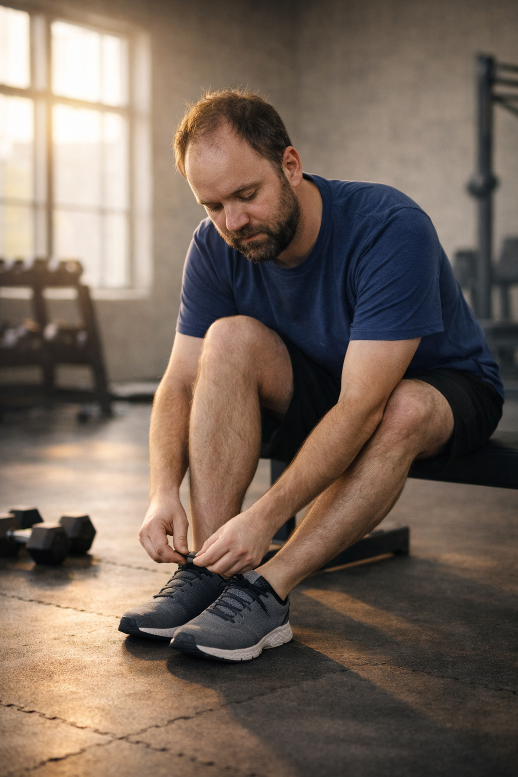 Man with an average build tying his running shoes while sitting on a gym bench, soft morning light coming through large windows in a quiet gym, dumbbells resting on the floor nearby, calm and reflective pre-workout moment.