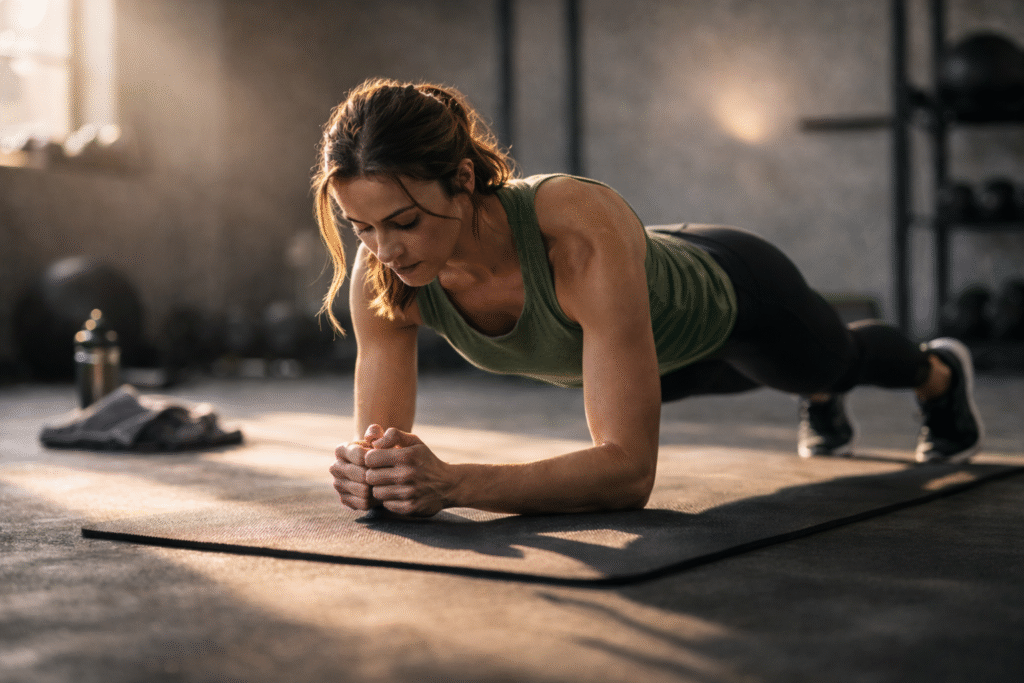 Female athlete holding a controlled forearm plank on a workout mat in a quiet minimalist gym, wearing an olive green athletic top and black shorts, focused expression, soft natural lighting with blurred gym equipment in the background.