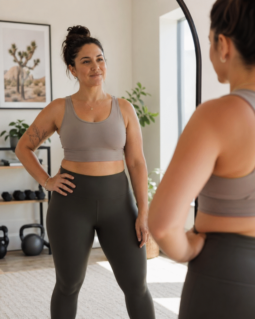 Confident woman in neutral workout clothes standing near a tall mirror in a bright home fitness space, with dumbbells and kettlebells in the background, reflecting on her body and progress with a calm, body-positive expression.
