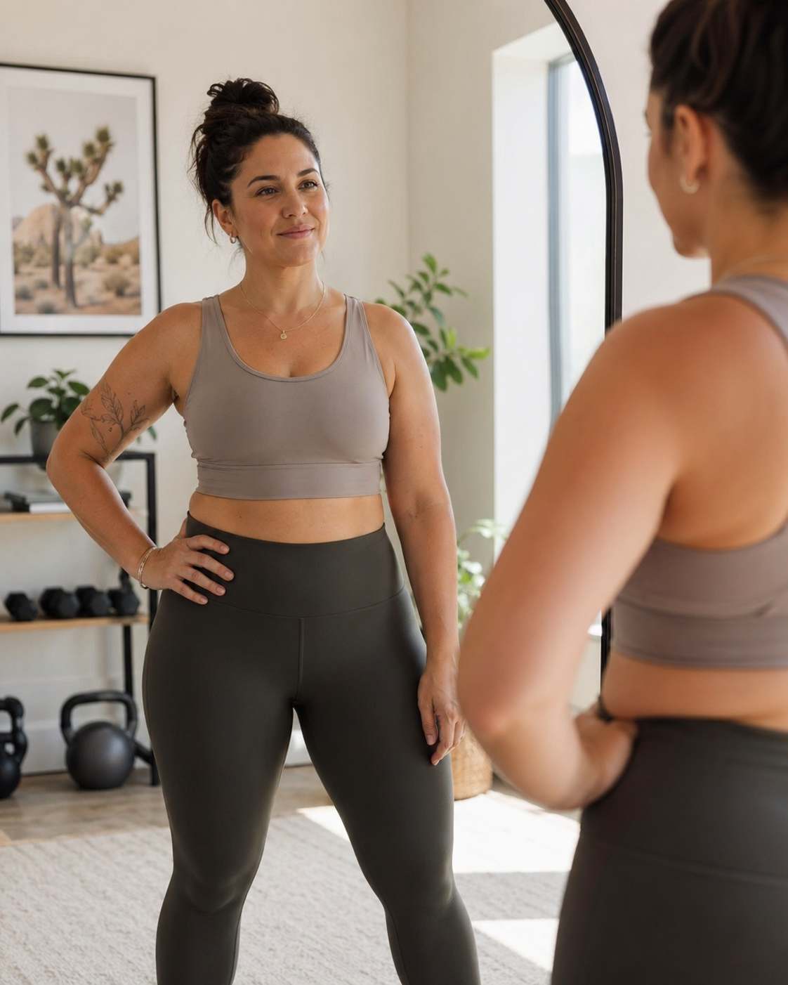 Confident woman in neutral workout clothes standing near a tall mirror in a bright home fitness space, with dumbbells and kettlebells in the background, reflecting on her body and progress with a calm, body-positive expression.