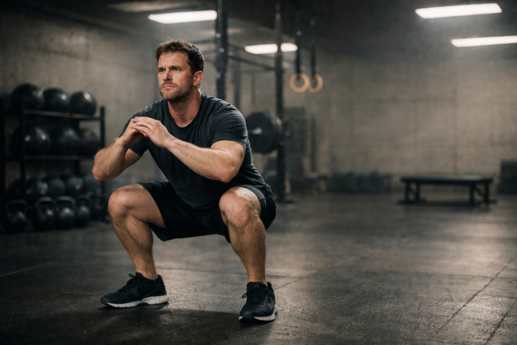 Male athlete holding a deep bodyweight squat position in a modern minimalist gym, focused expression and steady posture, average athletic build, surrounded by weights and equipment under cinematic lighting