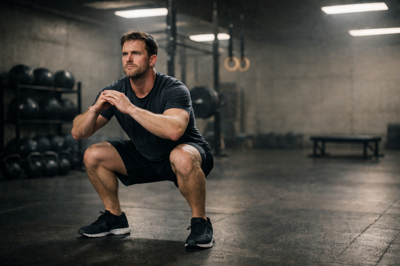 Male athlete holding a deep bodyweight squat position in a modern minimalist gym, focused expression and steady posture, average athletic build, surrounded by weights and equipment under cinematic lighting
