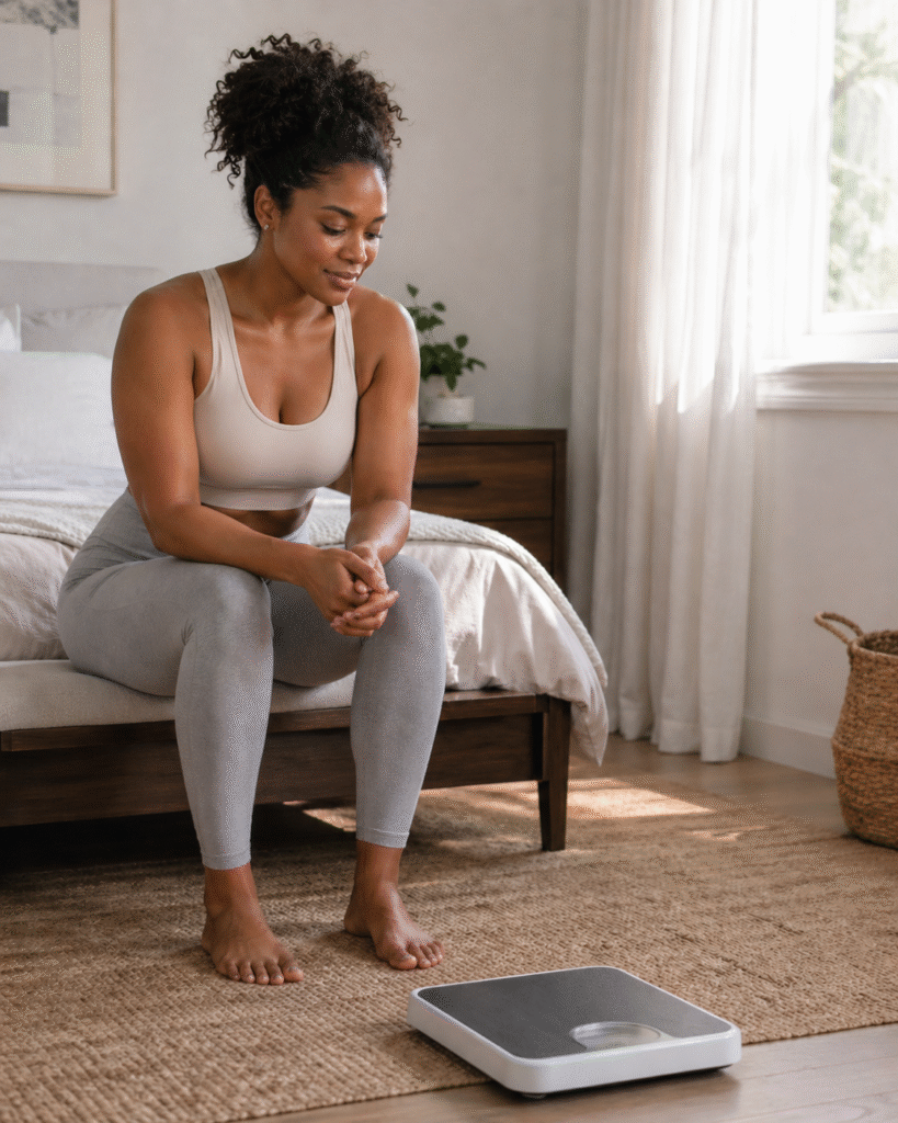 African American woman in neutral athletic wear sitting on the edge of a bed in a bright bedroom, calmly looking toward a bathroom scale with no visible number, reflecting on wellness beyond weight.