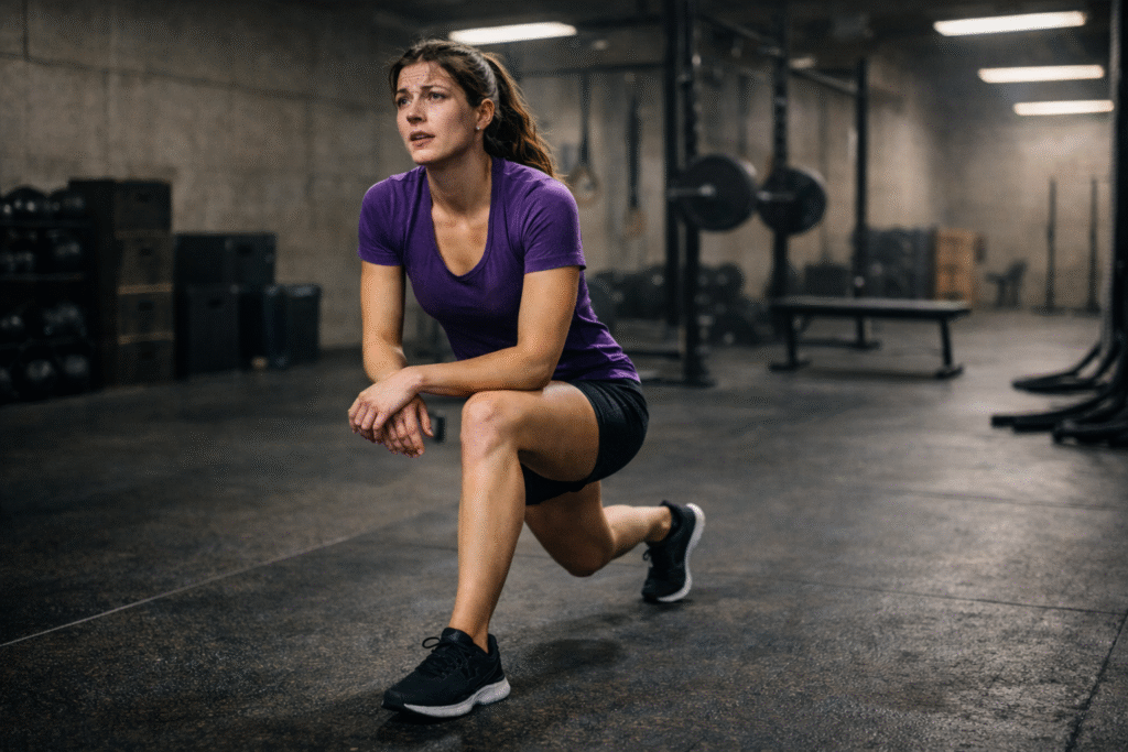 Female athlete holding a paused lunge position in a modern gym, resting her arm on her front knee with a fatigued expression, wearing a purple top and black shorts, surrounded by weights and equipment under soft cinematic lighting