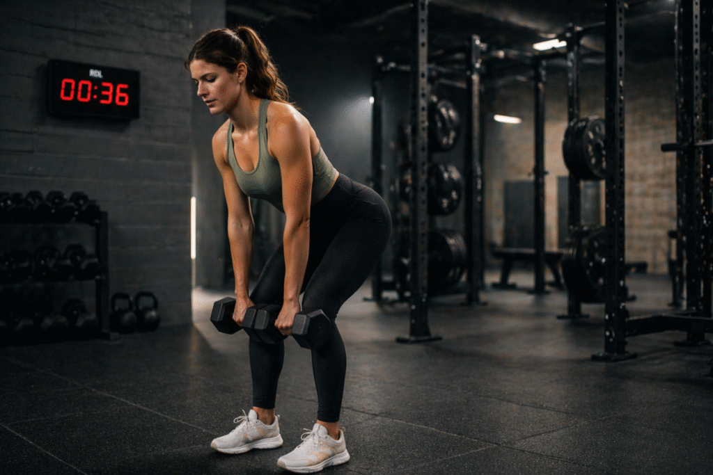 Female athlete performing a controlled dumbbell Romanian deadlift in a modern gym, maintaining proper hip hinge form with a focused expression, while a red digital wall timer counts down in the background under cinematic lighting
