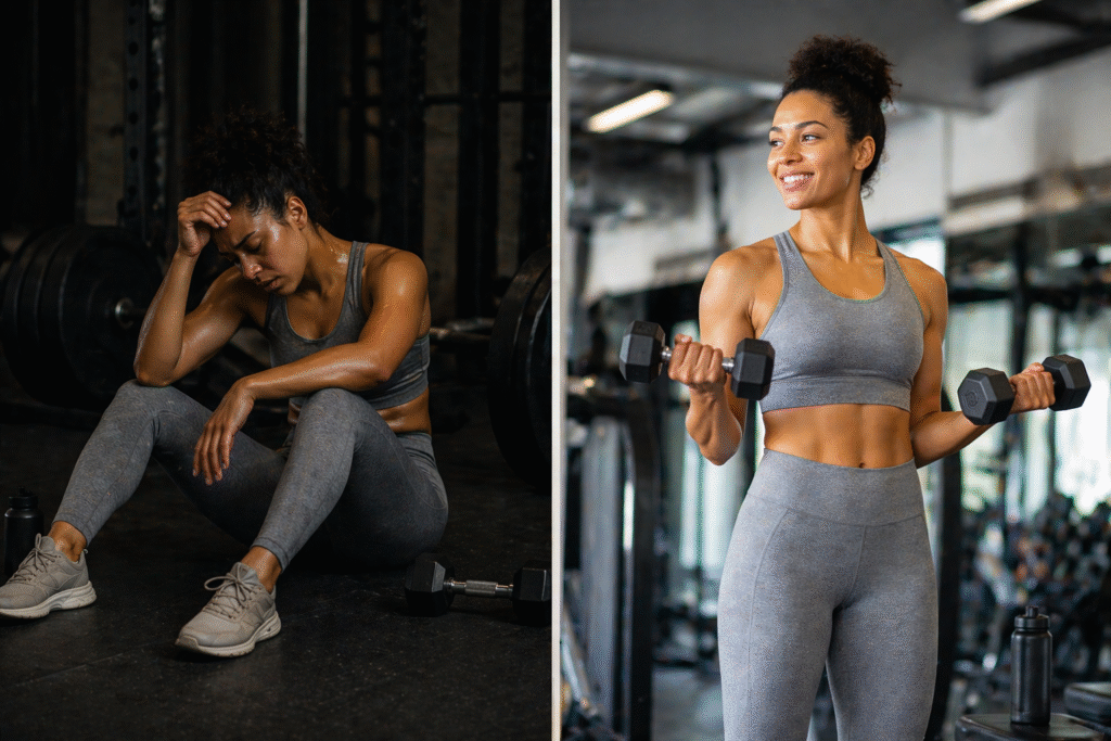 Comparison image of overtraining versus balanced exercise, with fatigued woman resting on gym floor contrasted with energized woman strength training with dumbbells