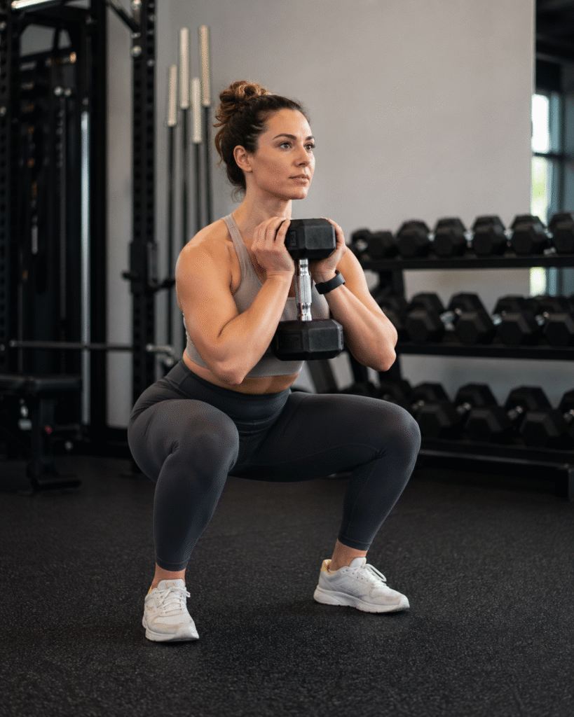 Strong woman in neutral workout clothes performing a controlled goblet squat with a dumbbell in a clean gym, showing focused strength and natural athletic form.