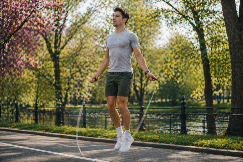 Male athlete performing jump rope outdoors on a park path, maintaining a smooth and consistent rhythm with a focused expression, wearing green shorts and a light grey shirt, surrounded by trees and greenery in a bright spring environment