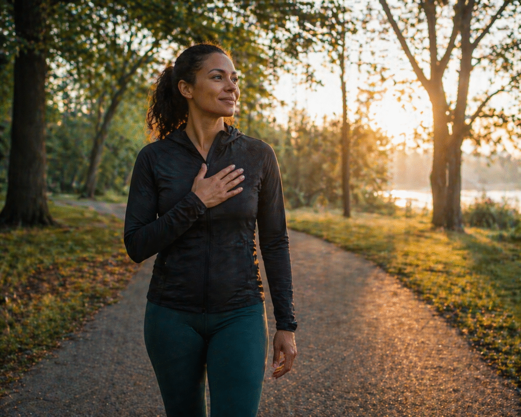 Woman taking a mindful morning walk in a park with relaxed breathing and sunrise light, representing fitness recovery, stress relief, and wellness