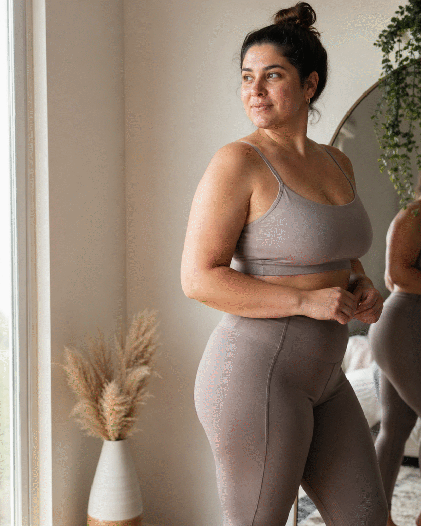 Woman in neutral fitted workout clothes standing near a bright window and mirror, showing a natural body shape with a calm, confident expression in a warm wellness setting.