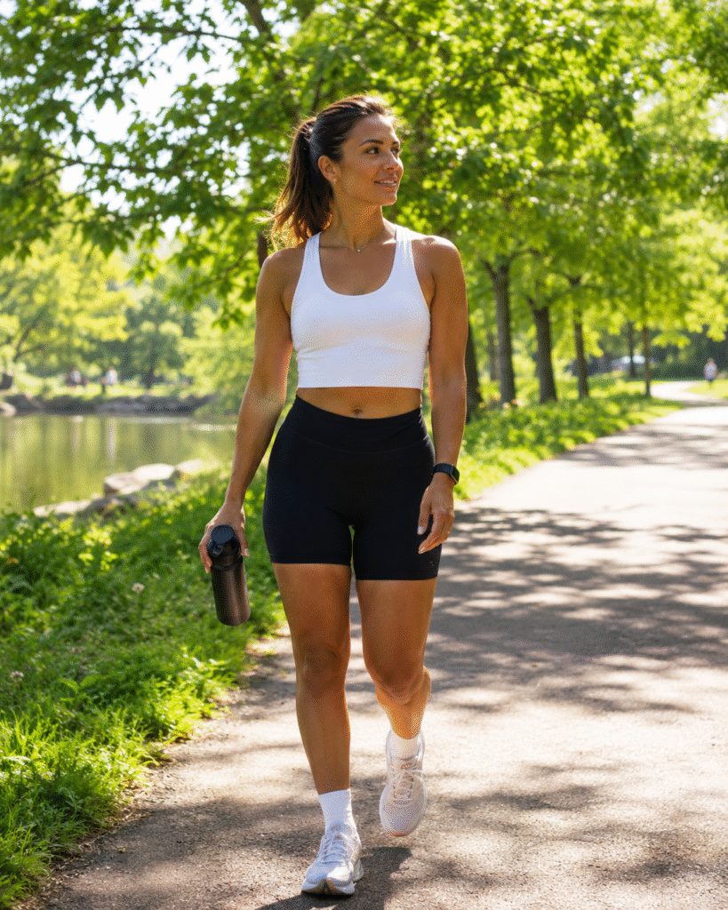 A woman in athletic clothes walks along a sunny park path holding a water bottle, surrounded by green trees and warm summer light.