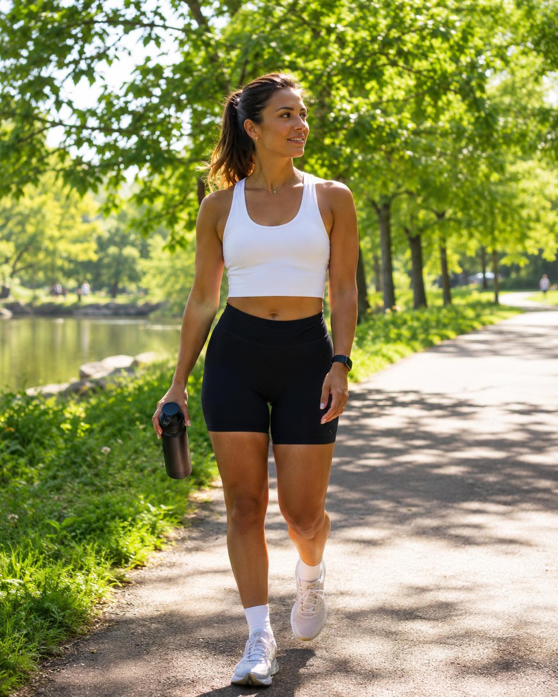 A woman in athletic clothes walks along a sunny park path holding a water bottle, surrounded by green trees and warm summer light.