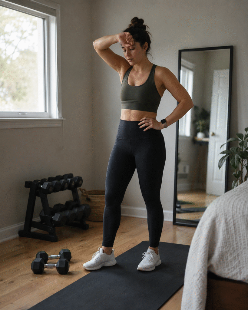 A woman stands on a black workout mat in a quiet home workout space, looking tired but ready to begin. Dumbbells, a dumbbell rack, a mirror, and soft natural light from a nearby window create a calm, relatable fitness setting.