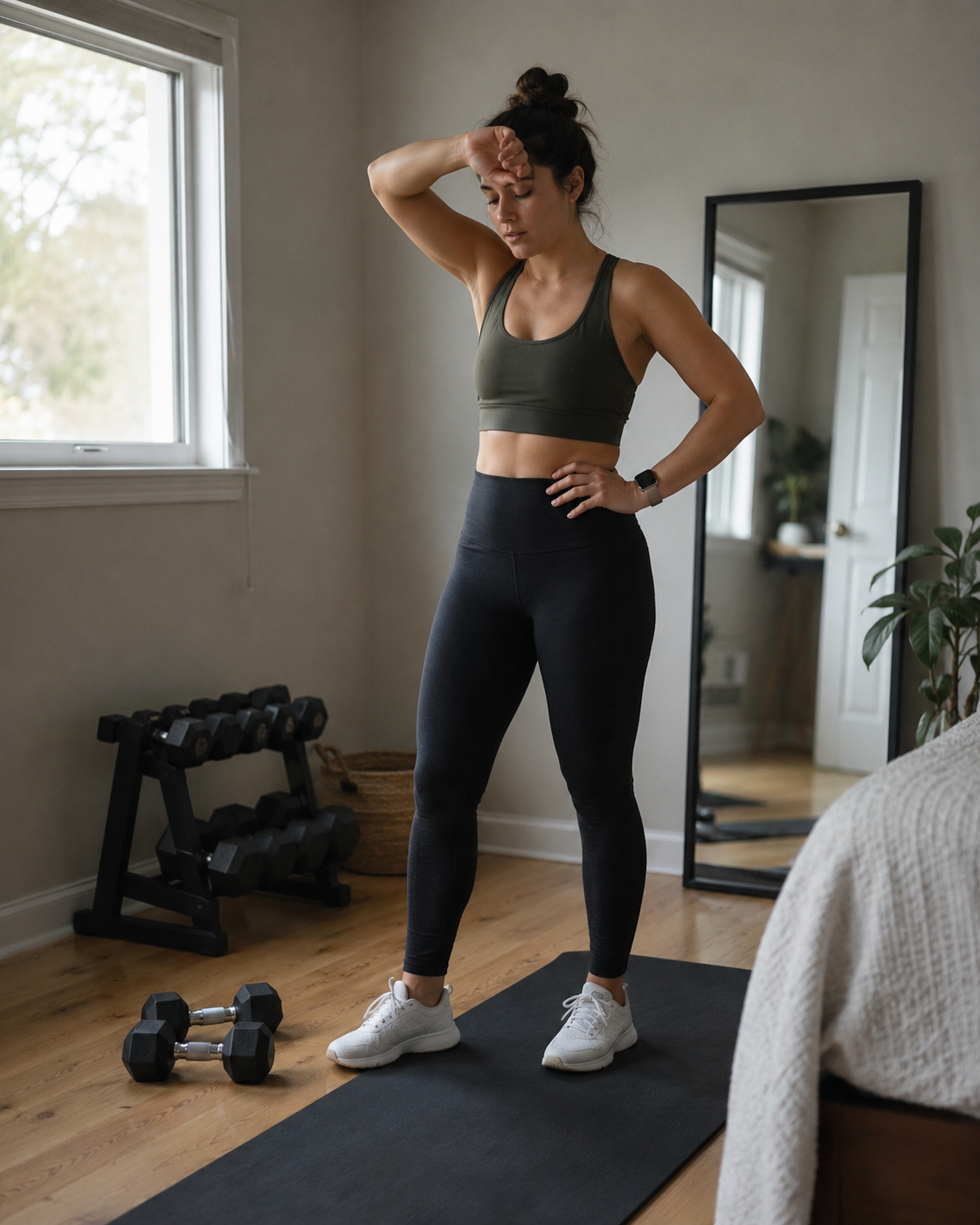 A woman stands on a black workout mat in a quiet home workout space, looking tired but ready to begin. Dumbbells, a dumbbell rack, a mirror, and soft natural light from a nearby window create a calm, relatable fitness setting.