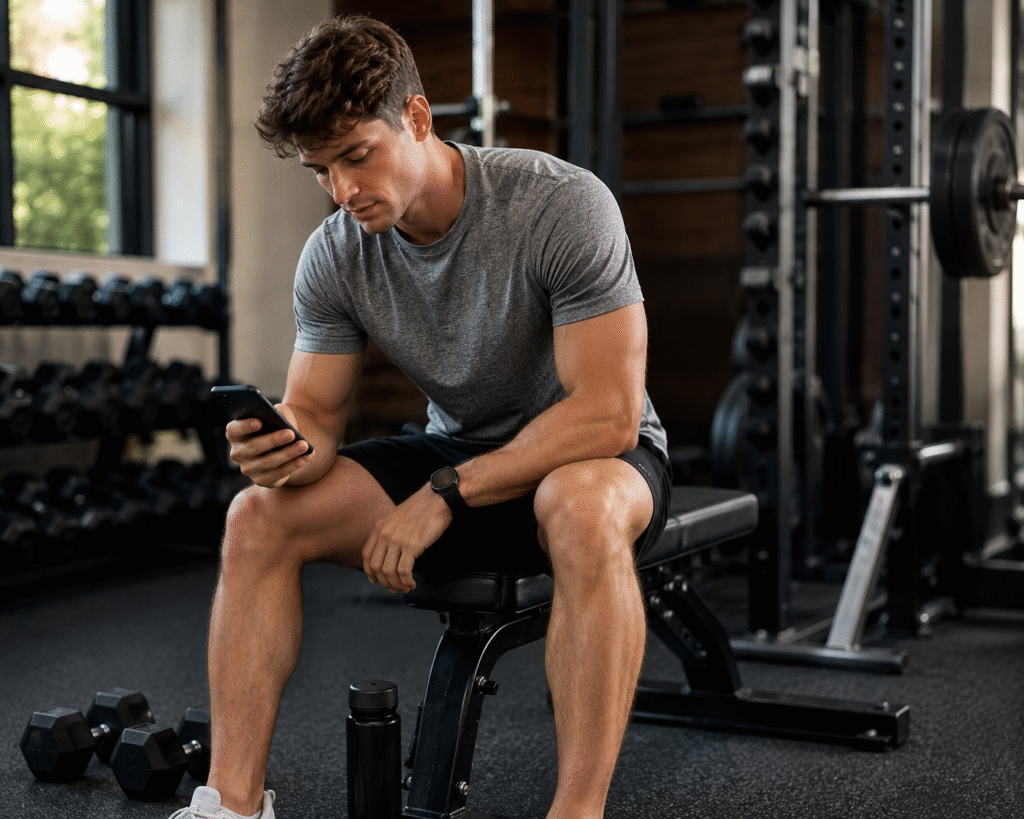 A man in a gray athletic shirt sits on a gym bench before a workout, looking at his phone with dumbbells and gym equipment nearby.