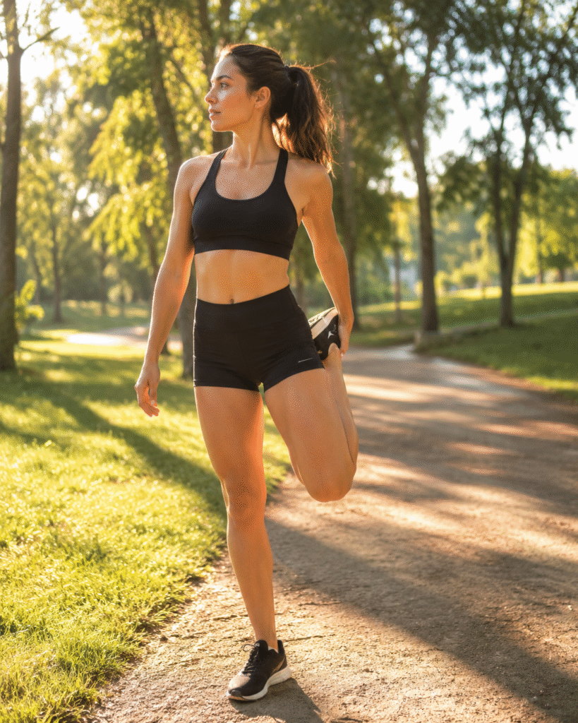 A woman in black athletic clothes stretches her quad on a sunny park path, surrounded by trees and warm morning light.