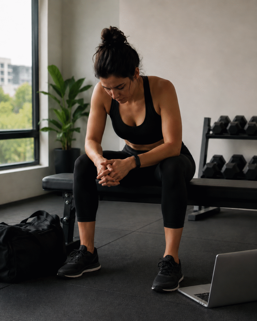 A woman sits on a workout bench with her head lowered and hands clasped, appearing mentally tired before or after training. A gym bag, laptop, dumbbell rack, and soft window light create a quiet fitness space that reflects stress, focus, and the need to reset.