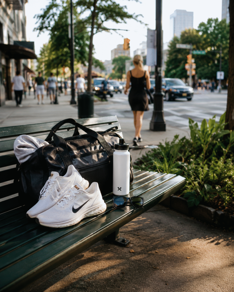 A gym bag, white sneakers, sunglasses, and a water bottle sit on a park bench beside a busy summer street.