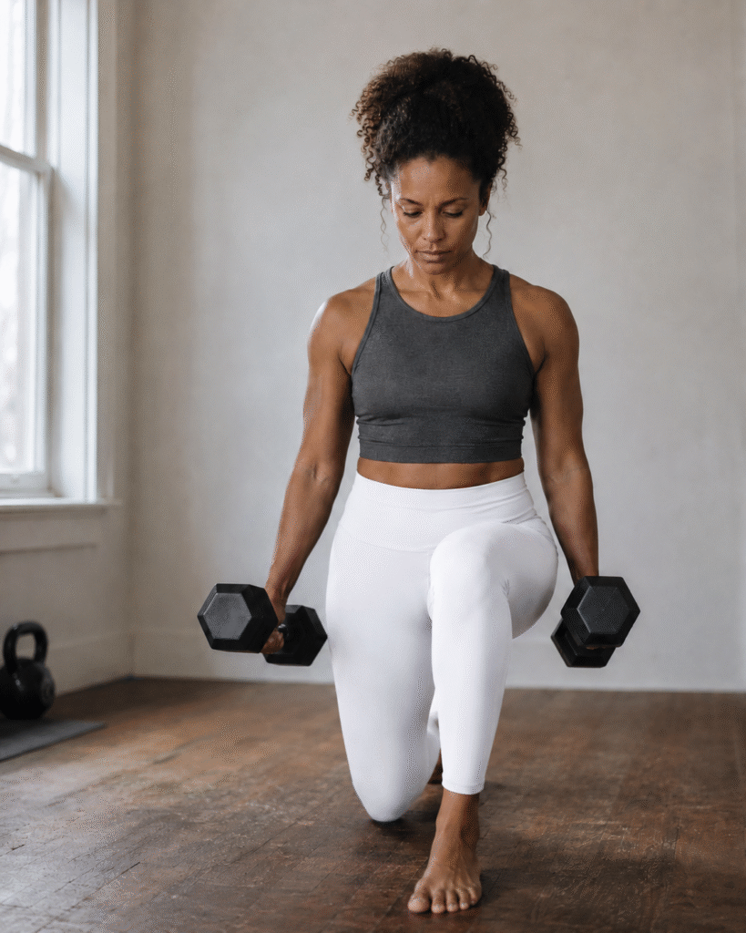 A woman in white leggings performs a controlled kneeling lunge while holding dumbbells in both hands. Soft window light, a quiet minimalist room, and her focused expression create a calm strength training scene centered on control, consistency, and movement.