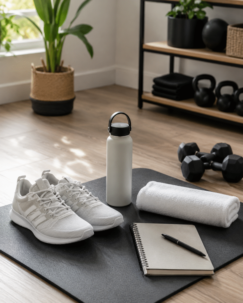 A neatly organized home workout setup with white sneakers, a water bottle, towel, notebook, and pen placed on a black exercise mat. Dumbbells, kettlebells, plants, and soft daylight create a calm fitness space focused on structure, readiness, and consistency.