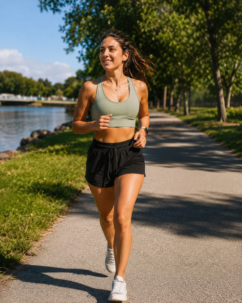 A woman jogs at a relaxed pace along a sunny park path by the water, surrounded by trees on a bright summer day.
