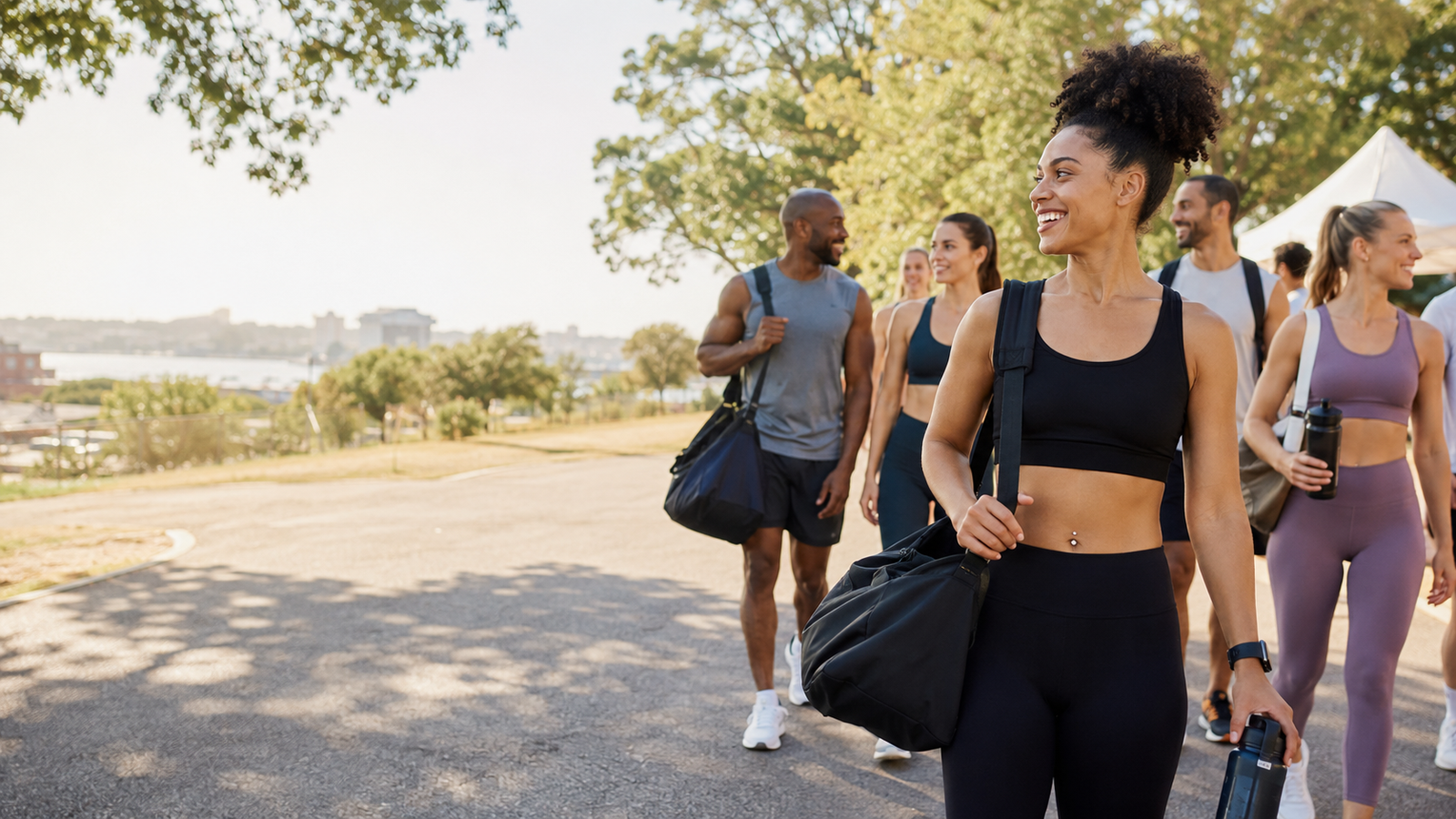 A diverse group of adults in athletic wear arrive at an outdoor fitness event with gym bags and water bottles in warm park lighting.