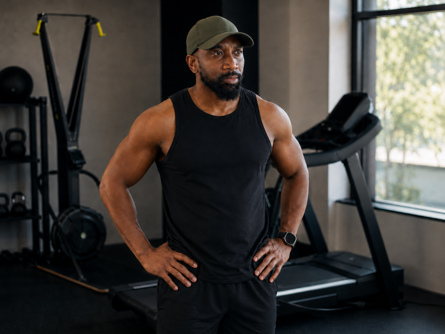 Athletic man in a black sleeveless workout shirt and olive cap stands with hands on hips in a modern gym, looking focused with cardio equipment and natural window light in the background.