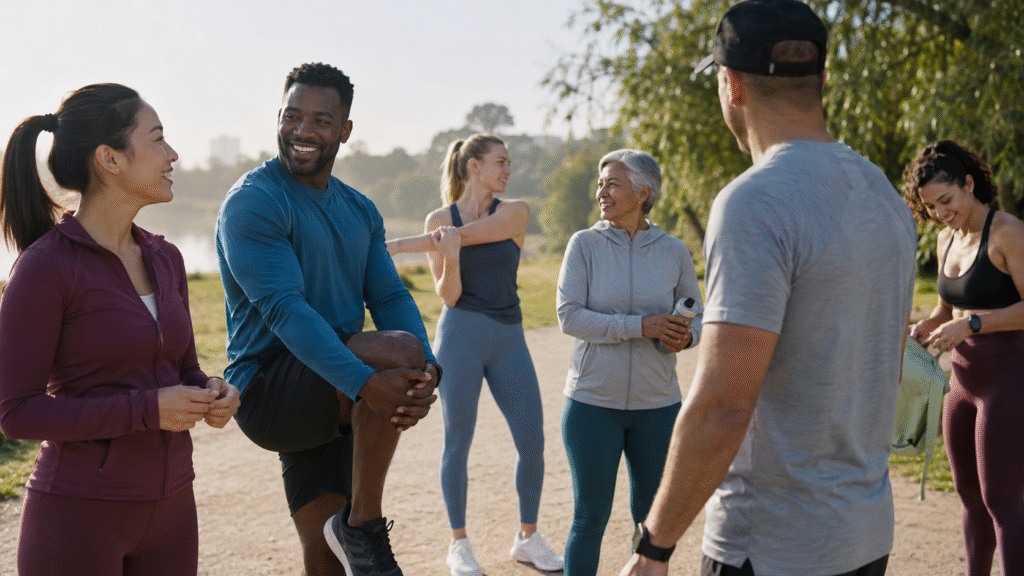 A small group of adults in athletic wear stretch and chat together outdoors before a community fitness event in soft morning light.