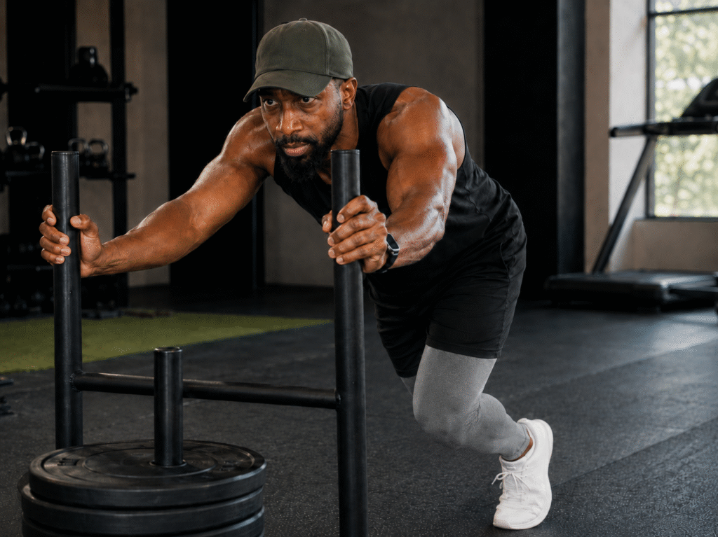 Athletic man in a black sleeveless shirt, gray tights, white sneakers, and olive cap pushes a weighted sled across a modern gym floor with a focused expression.