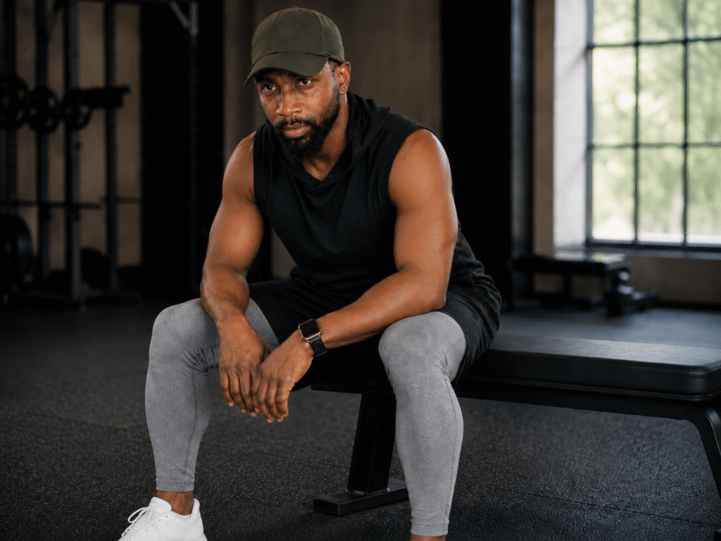 Athletic man in a black sleeveless hoodie, gray tights, white sneakers, and olive cap sits on a gym bench with hands resting between his knees, looking focused and reflective.