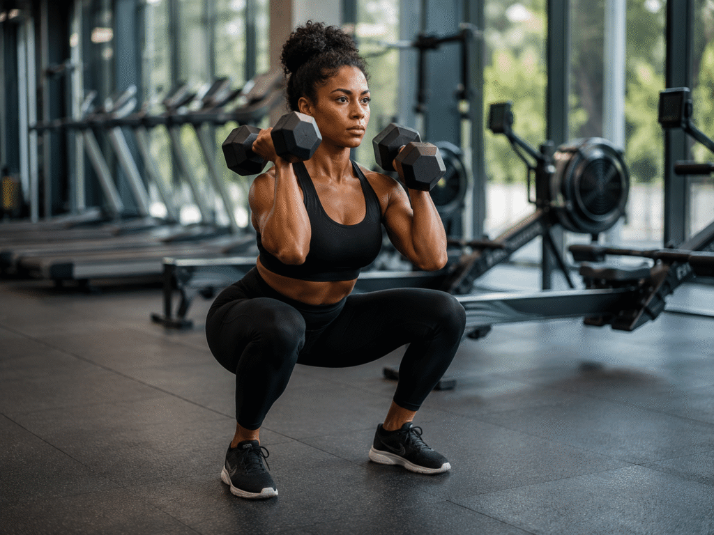 Athletic woman in black workout clothes performs a deep dumbbell front squat in a modern gym, with cardio equipment and large windows blurred in the background.