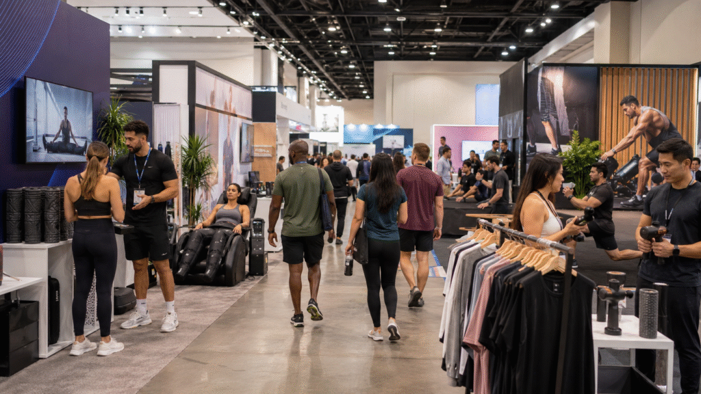 People walk through a modern fitness expo with wellness booths, recovery equipment, apparel racks, and training demonstrations in a bright convention space.