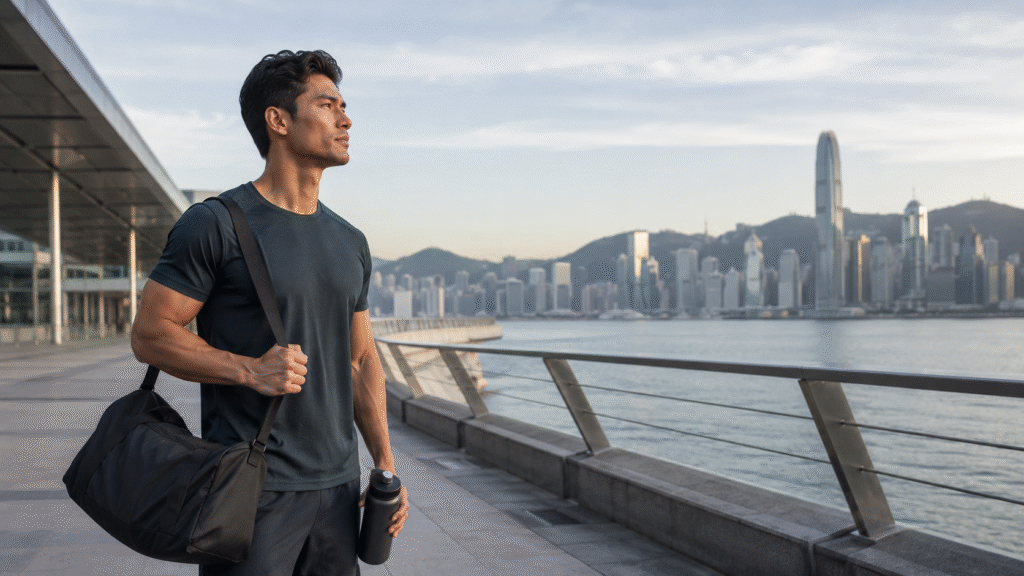 An athletic adult stands by a city waterfront with a gym bag and water bottle, looking toward a distant skyline before a fitness event.