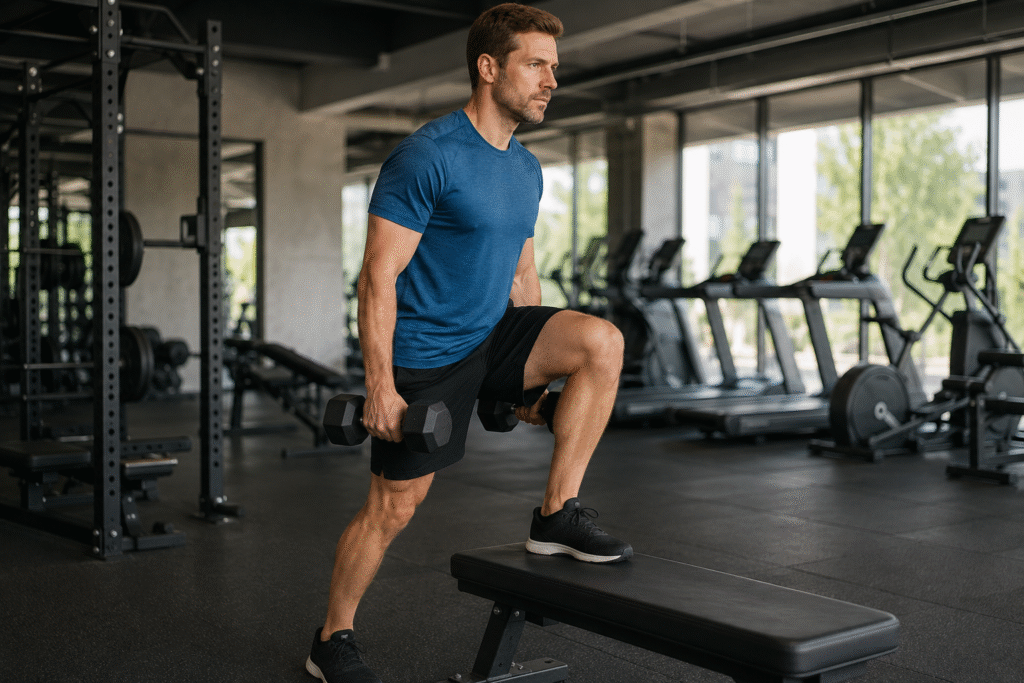 Man in a blue workout shirt performs a dumbbell step-up on a flat bench in a modern gym, with treadmills and strength equipment blurred in the background.
