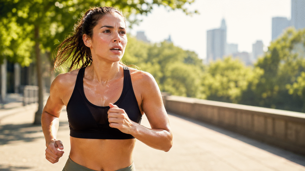 Athletic woman running outdoors on a sunny city path, sweating in warm weather with trees and a blurred skyline in the background.