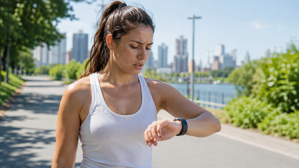 Woman in athletic wear checking her smartwatch during a sweaty outdoor workout on a sunny waterfront path with city buildings in the background.