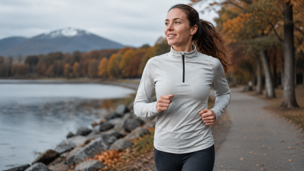 Woman jogging on a cool fall lakeside path, wearing a light long-sleeve athletic top with autumn trees and mountains in the background.