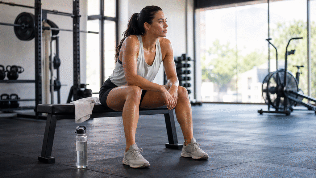 Woman resting on a gym bench after a sweaty workout, with a water bottle nearby and strength equipment in the background.