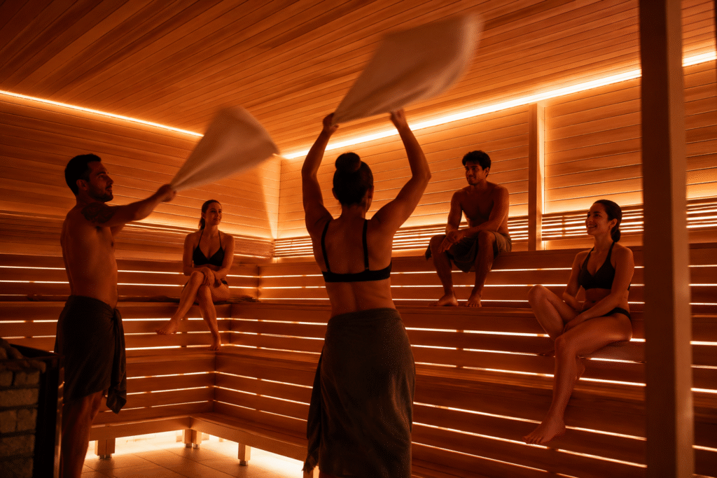 Two sauna guides wave towels while guests relax on tiered wooden benches beneath warm amber lighting.