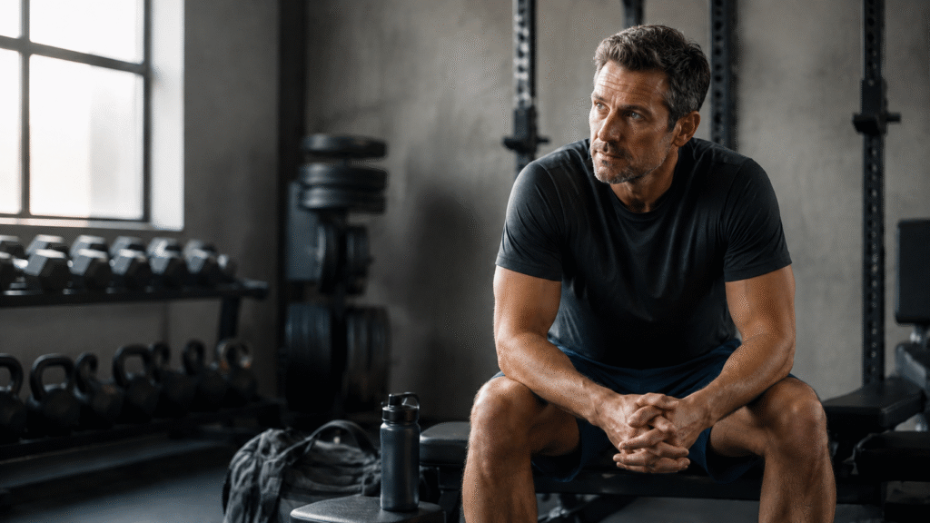 Athletic man sitting thoughtfully on a gym bench while deciding whether to push through his workout or take a break.