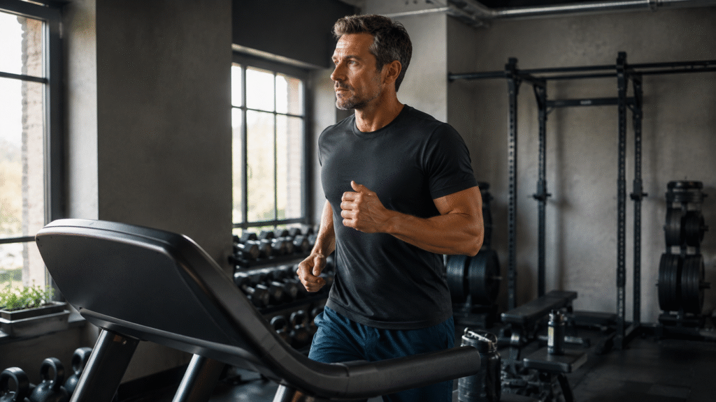 Man beginning a treadmill workout after overcoming low motivation and deciding to keep moving.