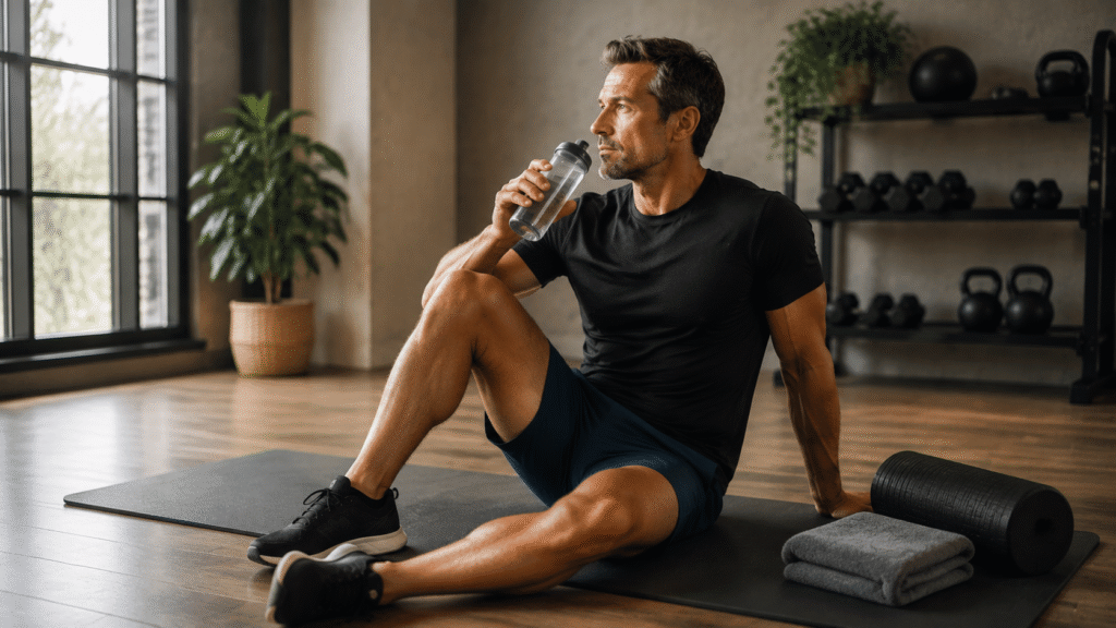 Man sitting on an exercise mat and drinking water during an intentional workout recovery break.