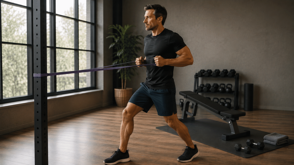 Man modifying his workout with a controlled resistance-band row in a modern gym.