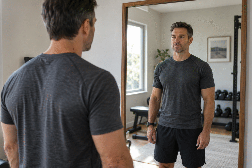 Man in workout clothes looking at his reflection in a full-length mirror, with weights and a bench behind him in a home gym.