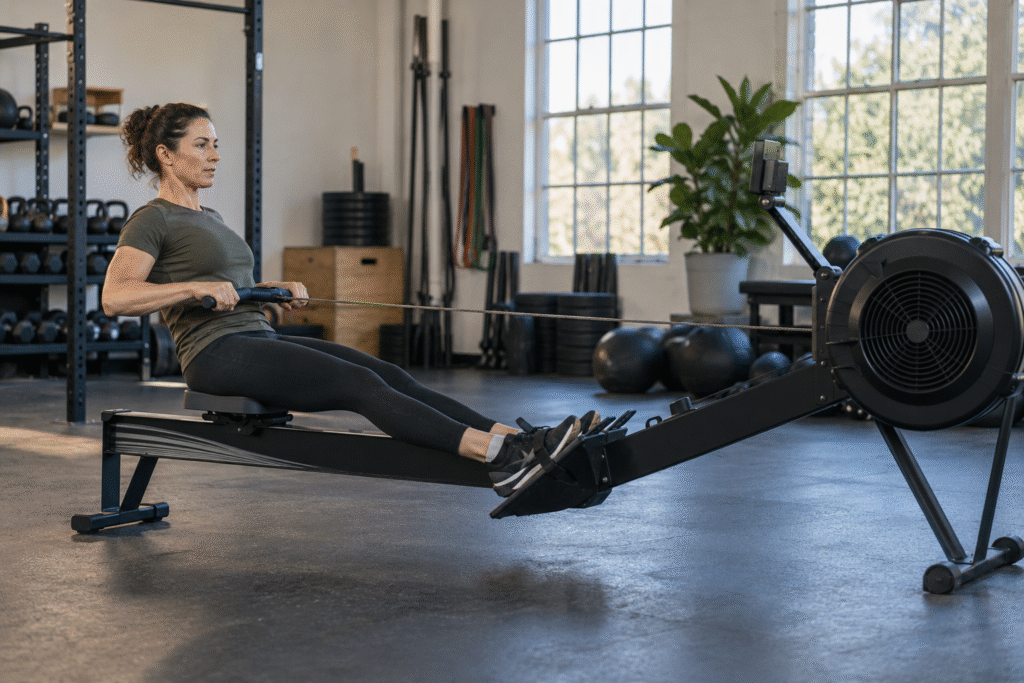 Woman using a rowing machine in a sunlit gym, with legs extended and the handle pulled toward her torso.